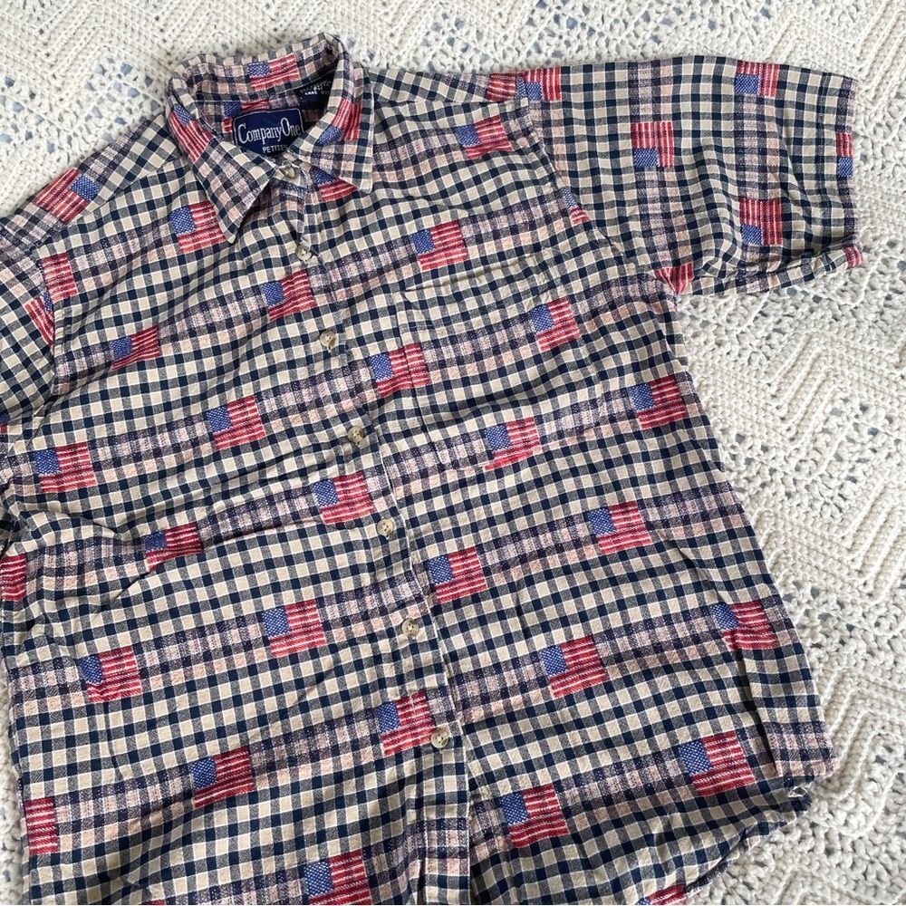 Vintage PM American Flag Embroidered Shirt Patriotic Memorial Day Kitschy USA